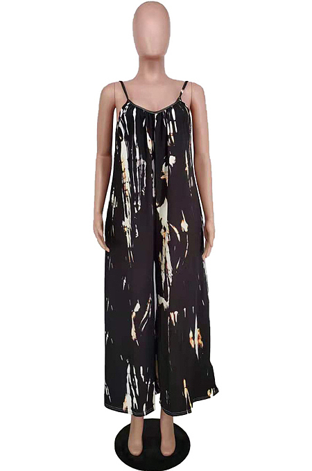 Red Summer Tie Dye Print Condole Belt V Collat Casual Wide Leg Jumpsuits AMX6039-1