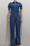 Blue Casual Lapel Neck Zipper Short Sleeve Slim Fitting Jean Wide Leg Jumpsuits SMR2928-1