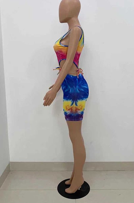Colorful Tie Dye Print U Neck Sleeveless Bandage Tank Two-Piece ZQ8097