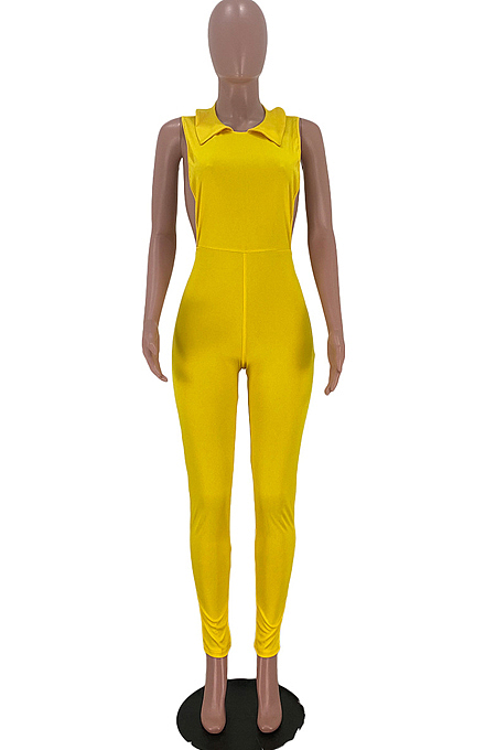 Yellow Lapel Neck Hollow Out Solid Color Sexy Bodcon Jumpsuits YSS8069-1