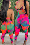 Rose Red Summer Tie Dye Print Hollow Out Bandage Bikini Pencil Pants Bodcoy Jumpsuits SN390150-1