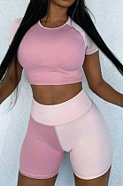 Pink Spliced Round Neck Short Sleeve Crop Top Shorts Casual Two-Piece ZQ8086