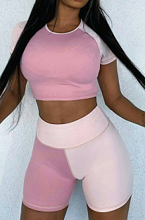 Pink Spliced Round Neck Short Sleeve Crop Top Shorts Casual Two-Piece ZQ8086