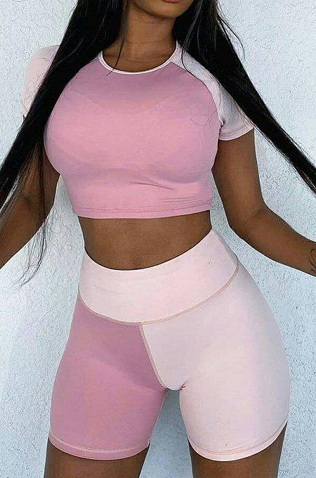 Pink Spliced Round Neck Short Sleeve Crop Top Shorts Casual Two-Piece ZQ8086