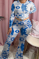 Blue Tie Dye Round Neck Long Sleeve Casual Long Pants Two-Piece YSS8040-3