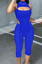 Peacock Blue Half High Neck Sleeveless Hollow Out Elastic Cropped Pants Pure Color Sets YYF8232-5