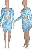 Orange Tie Dye Print Round Neck Bandage Long Sleeve High Waist Short Skirt Sets SN390111-1