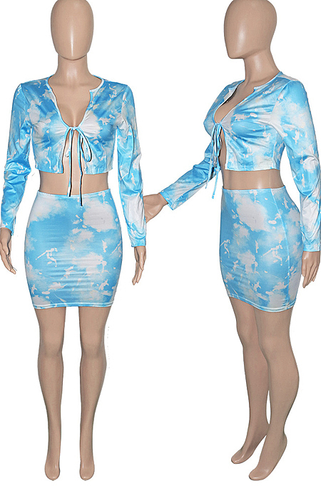 Orange Tie Dye Print Round Neck Bandage Long Sleeve High Waist Short Skirt Sets SN390111-1