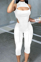 White Half High Neck Sleeveless Hollow Out Elastic Cropped Pants Pure Color Sets YYF8232-1