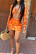Orange Tie Dye Print Round Neck Bandage Long Sleeve High Waist Short Skirt Sets SN390111-1