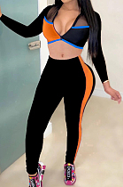 Orange Fashion Spliced V Neck Long Sleeve Crop Top Tight Pants Two-Piece YMT6227-1
