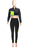 Rose Red Fashion Spliced V Neck Long Sleeve Crop Top Tight Pants Two-Piece YMT6227-3