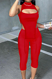 Red Half High Neck Sleeveless Hollow Out Elastic Cropped Pants Pure Color Sets YYF8232-2