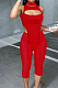 Red Half High Neck Sleeveless Hollow Out Elastic Cropped Pants Pure Color Sets YYF8232-2