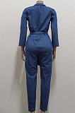 Blue Jean Lapel Neck V Collar Half Sleeve Bandage Wide Leg Jumpsuits SMR2922
