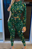Green Casual Print Round Neck Long Sleeve Bodycon Pants Two-Piece SN390184-2