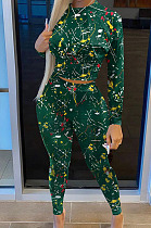 Green Casual Print Round Neck Long Sleeve Bodycon Pants Two-Piece SN390184-2