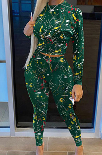 Green Casual Print Round Neck Long Sleeve Bodycon Pants Two-Piece SN390184-2