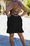 Pink Cotton Blend Sexy Tied Deep V Neck Backless Solid Color Ruffle Dress BS1281-1