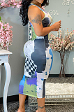 Colorful New Summer Digital Print U Neck Sleeveless Tank Bodycon Dress LS6459