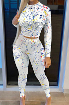 White Casual Print Round Neck Long Sleeve Bodycon Pants Two-Piece SN390184-5