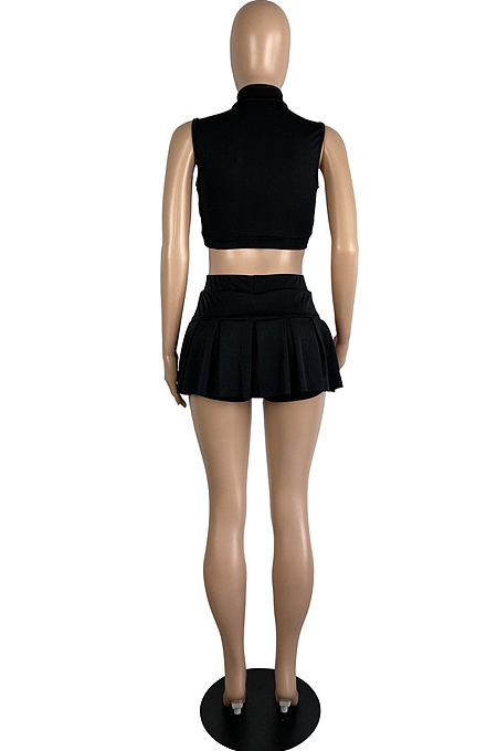 Black Summer Sleeveless Neckline Zipper Crop Top High Waist Multilayer Shorts Casual Sets LS6461