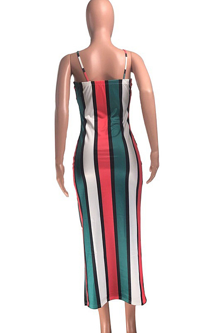 Red Cotton Blend Modest Stripe Condole Belt Strapless Sexy Boycon Dress YMT6216-2
