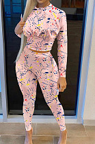 Pink Casual Print Round Neck Long Sleeve Bodycon Pants Two-Piece SN390184-4