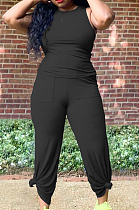 Black Casual O Collar Sleeveless Top Flare Pants With Pocket Solid Color Two-Piece WM21623-3