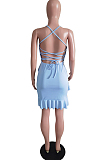 Pink Cotton Blend Sexy Tied Deep V Neck Backless Solid Color Ruffle Dress BS1281-1