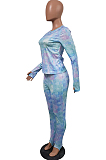 Green Cotton Blend Print Round Collar Long Sleeve Capris Pants Casual Two-Piece JH269-2