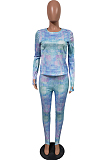 Green Cotton Blend Print Round Collar Long Sleeve Capris Pants Casual Two-Piece JH269-2