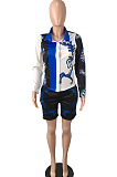 Rose Red New Digital Print Lapel Neck Single-Breasted Long Sleeve Shirt Shorts Two-Piece QY5059-1