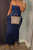 Navy Cyan Sexy Strapless Backless Solid Colur Bodycon Long Dress SN390151-3