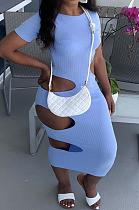 Light Blue Nigh Club Hollow Out Backless O Neck Solid Color Bodycon Dress LM88803-2