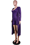 Grey New Solid Color Sleeveless Round Neck Romer Shorts+Long Sleeve Cardigan Coat Two-Piece WY6682-3