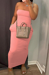 Pink Sexy Strapless Backless Solid Colur Bodycon Long Dress SN390151-6
