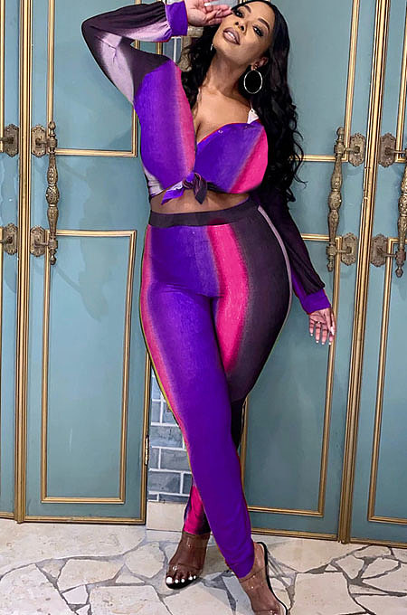 Purple Leisure Multicolor Printing Splicing Long Sleeves Shirt Bodycon Pants Sets MLM9075-3