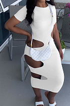 White Nigh Club Hollow Out Backless O Neck Solid Color Bodycon Dress LM88803-1