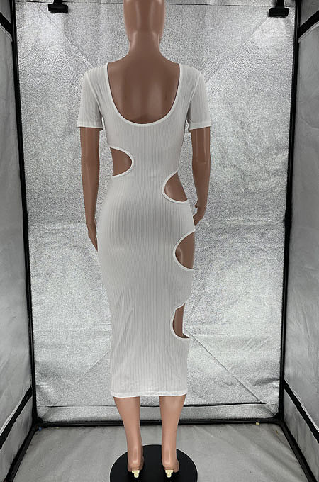 White Nigh Club Hollow Out Backless O Neck Solid Color Bodycon Dress LM88803-1