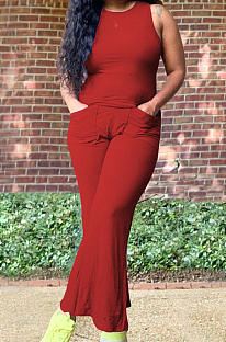 Red Casual O Collar Sleeveless Top Flare Pants With Pocket Solid Color Two-Piece WM21623-1