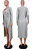 Purple New Solid Color Sleeveless Round Neck Romer Shorts+Long Sleeve Cardigan Coat Two-Piece WY6682-1