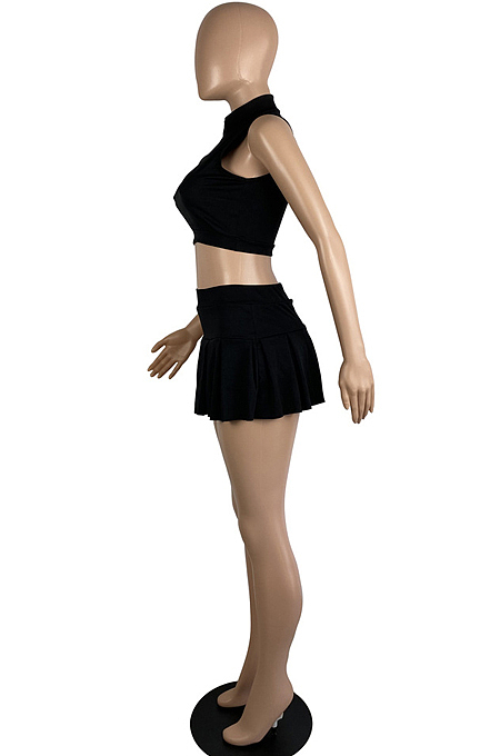 Black Summer Sleeveless Neckline Zipper Crop Top High Waist Multilayer Shorts Casual Sets LS6461