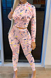 Black Casual Print Round Neck Long Sleeve Bodycon Pants Two-Piece SN390184-1