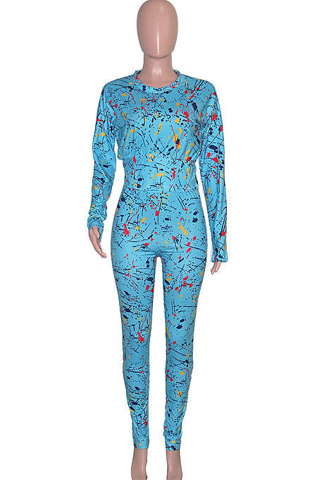 White Casual Print Round Neck Long Sleeve Bodycon Pants Two-Piece SN390184-5