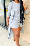 Grey New Solid Color Sleeveless Round Neck Romer Shorts+Long Sleeve Cardigan Coat Two-Piece WY6682-3