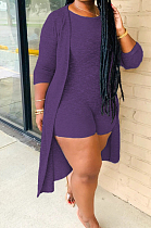 Purple New Solid Color Sleeveless Round Neck Romer Shorts+Long Sleeve Cardigan Coat Two-Piece WY6682-1