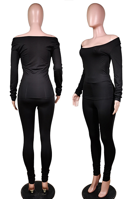 Red Nigh Club Low Cut Long Sleeve Tight Top Long Pants Two-Piece WY6697-2