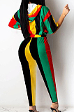 Colorful Stripe Print Spliced Short Sleeve Hoodie Pencil Pants Sports Sets YMT6226