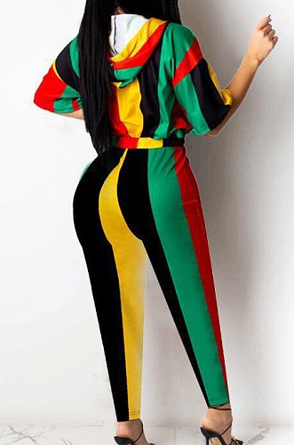 Colorful Stripe Print Spliced Short Sleeve Hoodie Pencil Pants Sports Sets YMT6226